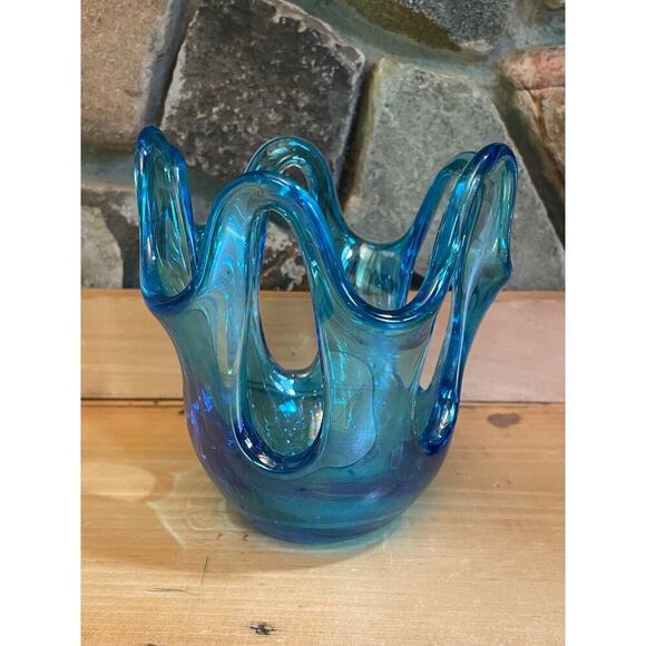 Beautiful Blue Glass Art Vase candle holder Decor. Murano Style? Home decor - Picture 2 of 8